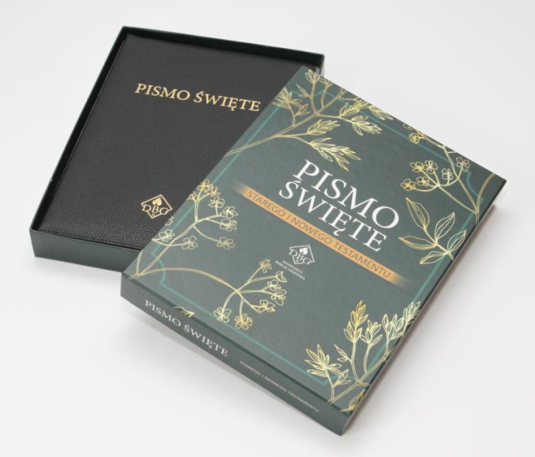 Biblia (Pismo Święte) DBG II, duża 170 x 232, skóra, czarny, zamek, złocenia, pudełko